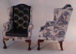 Leather and Fabric Wing Chair Blue Toile by Tarbena Alan Barnes