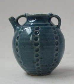 Pottery #99 Blue Engraved Pitcher by Elisabeth Causeret